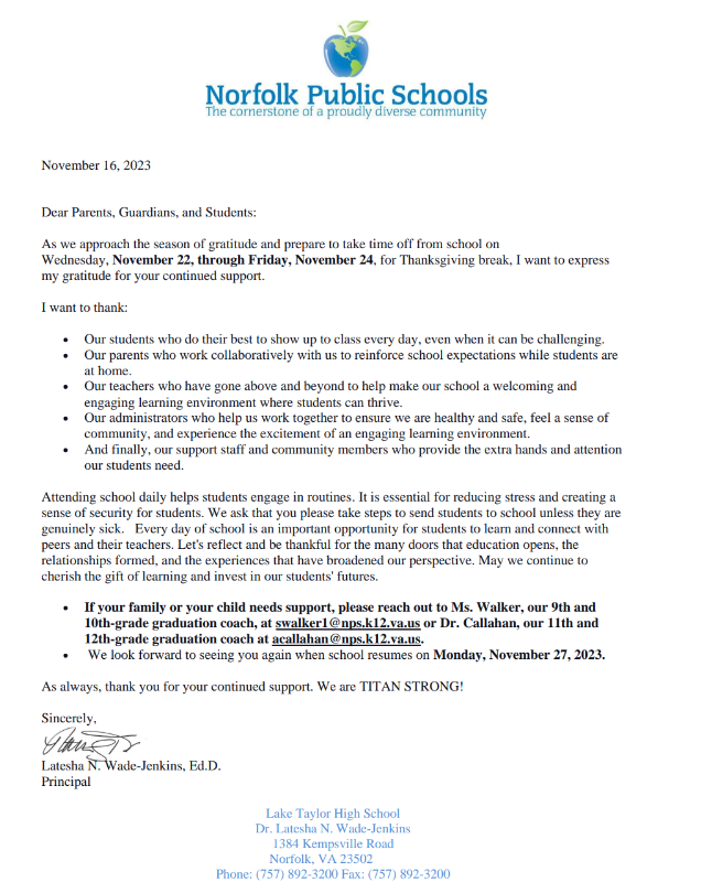 Thanksgiving Letter to Parents